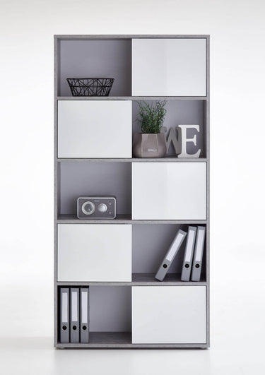 Luiz Modern Concrete Grey and White Tall Bookcase with Four Doors - UK Luxury Furniture